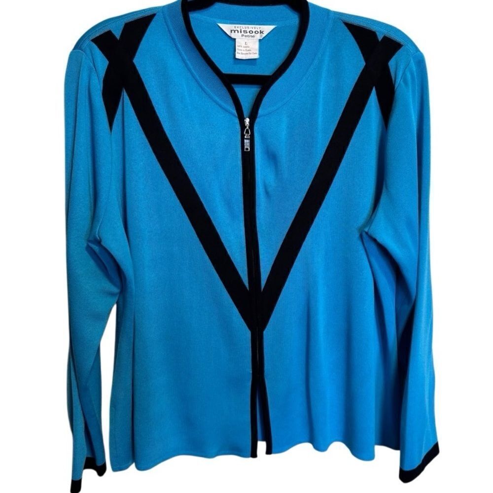 Misook- Zip Front Santana Knit Cardigan Black Turqouise Long Sleeve Large Petite